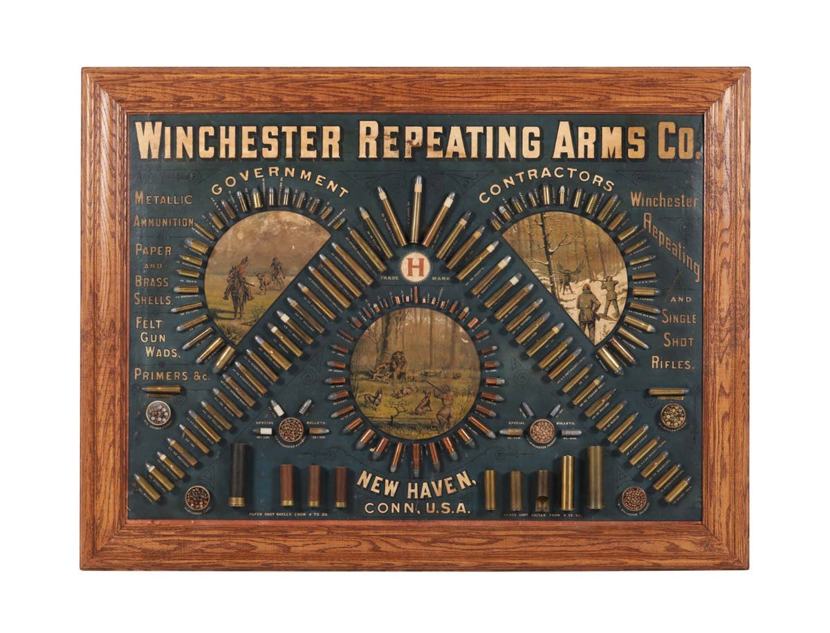 Winchester 1888 Inverted "V" cartridge display board – slightly altered from the 1886 version (and rarer, too) by the addition of two additional rifle cartridges (CA$100,300).